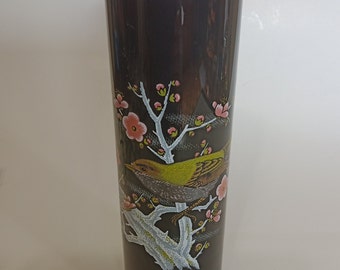 Vintage japanische handbemalte Vase auf schwarzem Glas mit Singvogel und Kirschblüten