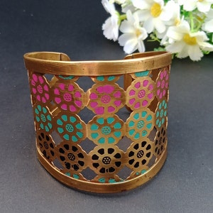 Vintage Brass Cuff Bracelet; Colourful Enamel Flowers; Retro 80s Style Bracelet; Copper; Costume Jewelry; Circa 1980s