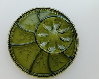 Vintage Indiana Glass Co. Divided Deviled Egg Serving Dish/Snack Tray; Avocado Green Glass; Relish Tray; Made in California; Circa 1960s