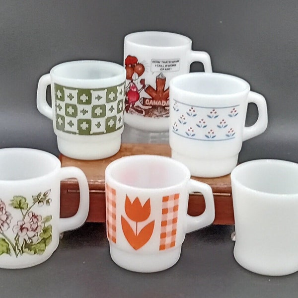 Vintage Termocrisa, Fire King, Federal Glass and Glasbake Mugs; Geranium, Tulip, Beaver, Green Rug, Red/Blue Floral, Milk Glass; Circa 1960s