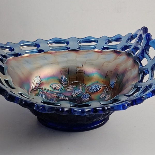 Vintage Fenton Carnival Iridescent Over Cobalt Blue Amethyst; Basket Weave Open Lace Edge Bonbon Dish; BlackBerry Pattern; Circa Early 1900s