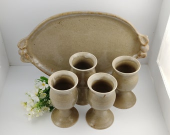 Unique Set of Pottery Wine Glasses (4) and Serving Tray