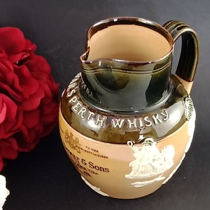 Antique English Victorian Doulton Lambeth Stoneware Jug; Advertising Dewar&#39;s Perth Whiskey; Made in England; Circa early 1900s