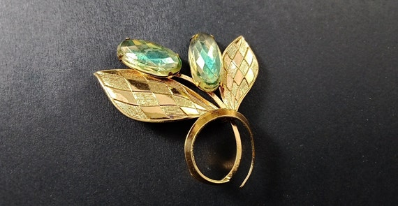 Vintage Gold Tone and Green and Amber Rhinestone … - image 1