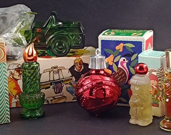Vintage AVON Decorative Perfume and Cologne in Original Boxes; Golf Cart, Caroler, Candle, Soldier and Ornament, Circa 1980s
