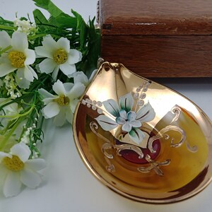 Vintage Hand Painted Bohemian Czech Amber Trinket Dish/Wine Scoop; Gold Gilding;; Hand Painted