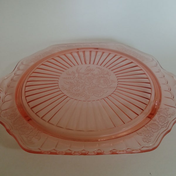 Vintage Anchor Hocking Mayfair Open Rose Footed Cake Plate, 10" Pink Depression Glass Cake Stand 1930's