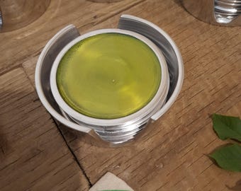 Recycled Aluminium Coasters Set of 6 | Green Enamel Drink Coasters with Holder Eco Friendly Tableware