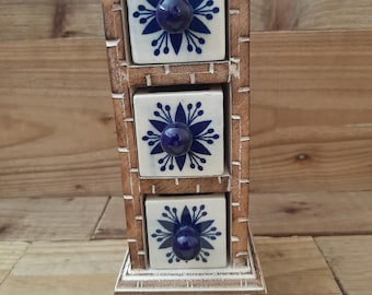 Wooden Jewelry Box with Ceramic Drawers, Boho Trinket Box, Mini Drawer Chest, Apothecary Storage, Rustic Decor Gift, Gift for Her