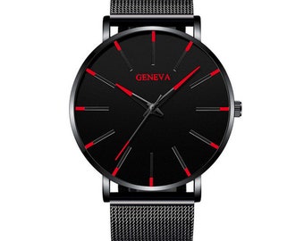 GENEVA Red Roman Scale Mesh Strap Watch