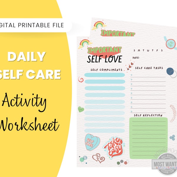 Self Care Adult Worksheets Daily Activity Promote Self Love Digital Download Feminine Women's