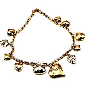 14K TriColor Gold Women's Bracelet With Hollow Hearts Charms 7"