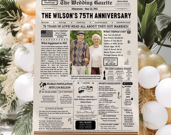 75th Anniversary Gift Newspaper Poster USA, Milestone Wedding Anniversary Gifts for Parents and Grandparents
