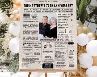 70th Anniversary Gift Newspaper Poster USA, Platinum Wedding Anniversary Gifts for Parents and Grandparents