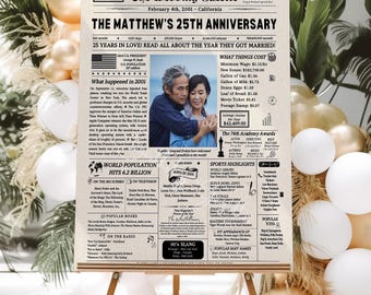 25th Anniversary Gift Newspaper Poster USA, Custom Wedding Anniversary Gifts for Parents and Grandparents, Back in 2001