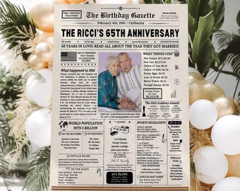 65th Anniversary Gift Newspaper Poster USA, Milestone Wedding Anniversary Gifts for Parents and Grandparents, Back in 1961