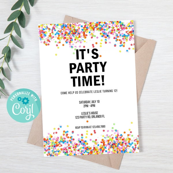 Confetti Party Invitation, It's Party Time, Colorful Invitation, Birthday Invitations, Editable Invitations Template