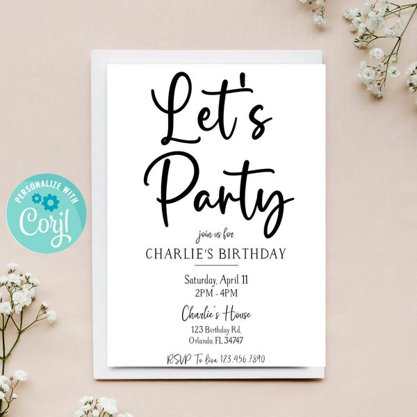 Let's Party Invitation, Instant Download, Simple Party Invite, Birthday Invitations, Editable Invitations Template