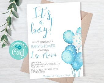 May include: It's a boy! Baby shower invitation with blue and white balloons and the text "It's a boy!" and "Please join us for a baby shower honoring Lisa Morin".