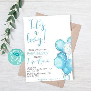 Puede incluir: ¡Es un niño! Invitación a un baby shower con globos azules y blancos y el texto "¡Es un niño!" y "Por favor, únase a nosotros para un baby shower en honor a Lisa Morin".