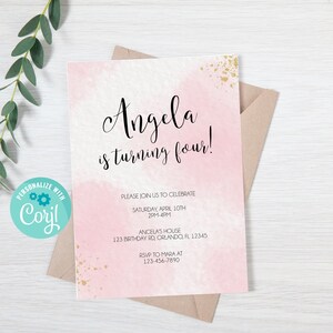 Pink Birthday Invite, Girly Birthday Party Decor, Minimalist Invitation, Editable Invitations Template, Simple Invite