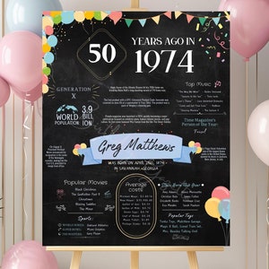 50th Birthday Chalkboard Poster, Custom Birthday Sign, Back in 1974, Year You Were Born Gifts, 50th Birthday Gift, 1974 Birthday Poster