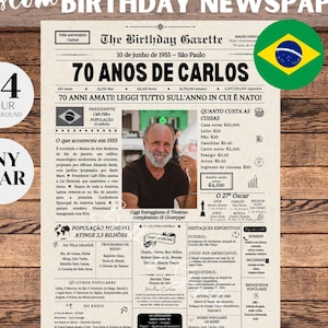 Giornale brasiliano per il 70° compleanno, regalo per il 70° compleanno, informazioni sull'anno di nascita, 70 anni fa, nel 1955, giornale brasiliano personalizzato