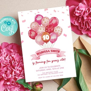 Pink Balloon Birthday Invite, Pink Birthday Party Decor, Minimalist Invitation, Editable Invitations Template, DIY Birthday Invitations