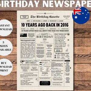 10th Birthday Party Sign, 10th Birthday Newspaper AUSTRALIA, 2016 Birth Year Gifts, 10 years ago back in 2016, Australia Birthday