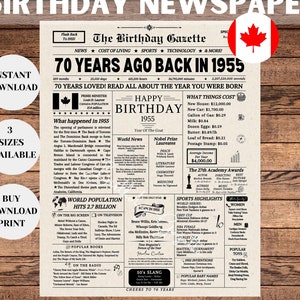 Affiche de journal 70e anniversaire CANADA, cadeau d'anniversaire de 70e anniversaire pour homme ou femme, anniversaire de 1955, il y a 70 ans en 1955, cadeaux pour l'année de naissance