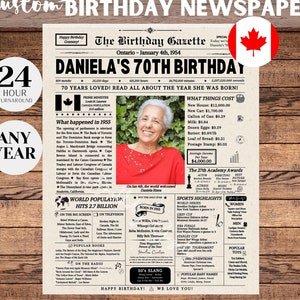 Affiche de journal 70e anniversaire Canada, cadeau 70e anniversaire pour homme ou femme, anniversaire 1954, il y a 70 ans en 1955, faits sur le Canada