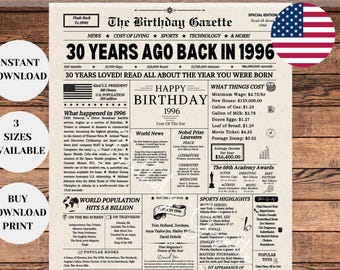 30th Birthday Newspaper Sign, 30th Birthday Decorations, 30th Birthday Gift for Him or Her, Back in 1996 Sign