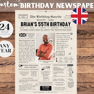 Custom 55th Birthday Newspaper Poster UK, 55th Birthday Gift for Him or Her, 1970 Birth Year Gifts, Milestone Birthday, UK Birthday
