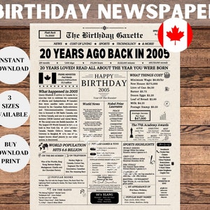 Periódico de cumpleaños número 20 de Canadá, decoraciones para fiesta de cumpleaños número 20, regalo de cumpleaños único para él o ella, periódico canadiense del año de nacimiento