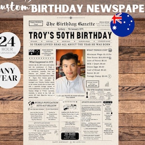 50th Birthday Newspaper Poster Australia, 50th Birthday Gift Men or Women, 1975 Birthday, 50 Years Ago Back in 1975, Australia Newspaper