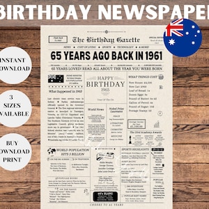 En 1961, AUSTRALIA, cartel de periódico del 65.º cumpleaños, póster de cumpleaños de 1961, hace 65 años en 1961, cumpleaños de Australia