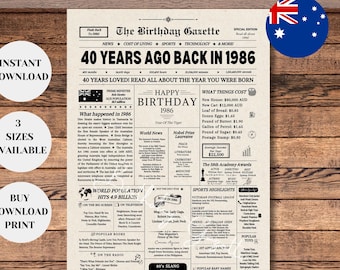 40th Birthday Newspaper Sign 1986 AUSTRALIA, 40th Birthday Gift for Men or Women, Back in 1986, 40th Birthday Decorations, Instant Download