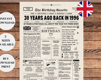 30th Birthday Newspaper UK, Unique 30th Birthday Gift, 30th Birthday Print, 30th Birthday Keepsake, Born in 1996 Birthday Gift