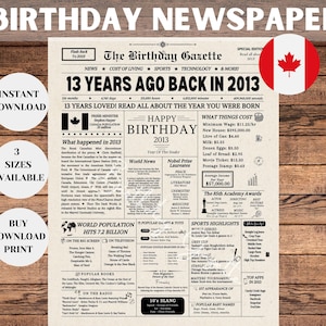 Cartel de periódico para el 13.º cumpleaños: Datos sobre Canadá en 2013 (Descarga instantánea)
