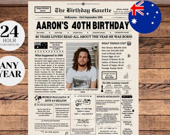 40th Birthday Newspaper Poster AUSTRALIA, 40th Birthday Gift for Him or Her, 40th Birthday Decor, Gift for Men, Gift for Women, Aussie Facts