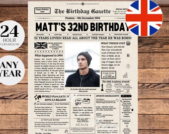 32nd Birthday Newspaper UK,  32nd Birthday Decorations, 32nd Birthday Gift for Him or Her, Back in 1994 UK, 32nd Birthday Game, UK Birthday