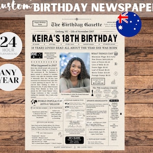 Periódico de cumpleaños número 18 de Australia, decoraciones para cumpleaños número 18, regalo para él o ella por el cumpleaños número 18, cumpleaños importante, letrero de 2007