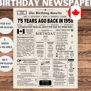 Affiche de journal 75e anniversaire CANADA, cadeau 75e anniversaire pour homme ou femme, anniversaire 1950, il y a 75 ans en 1950, faits sur l'année de naissance