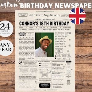 Periódico del 18.º cumpleaños del Reino Unido, decoraciones para el 18.º cumpleaños, regalo para él o para ella por el 18.º cumpleaños, cumpleaños importante, letrero de 2007, periódico del Reino Unido