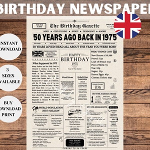 50th Birthday Newspaper Sign 1975 UK, 50th Birthday Gift for Men or Women, Back in 1975, 50th Birthday Decorations, Instant Download