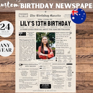 13 Geburtstag Zeitung Poster Zeichen AUSTRALIEN, 13 Geburtstag Geschenk für Jungen und Mädchen, Zeitung Geburtstag Zeichen, 13 Jahre zurück in 2012