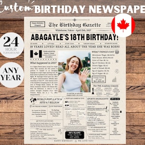 Periódico personalizado de 18 cumpleaños de Canadá, letrero de 18 cumpleaños, regalo de 18 cumpleaños para él o ella, cumpleaños importante, letrero de 2007