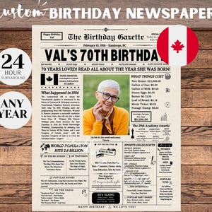 Cartel de periódico para el 70.º cumpleaños en Canadá, regalo para el 70.º cumpleaños para hombres o mujeres, cumpleaños de 1956, hace 70 años en 1956, datos sobre Canadá