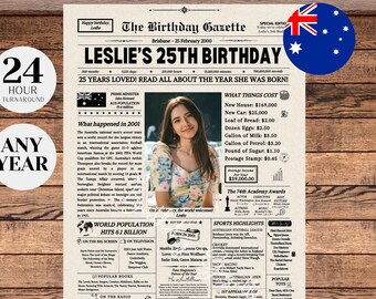 25th Birthday Newspaper AUSTRALIA, 25th Birthday Decorations, 25th Birthday Gift for Him or Her, Back in 2001 Sign, 25th Birthday Games