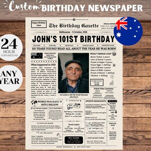 May include: A custom birthday newspaper print with the headline "John's 101st Birthday." The design mimics a vintage newspaper, featuring a photo of a man, text, and an Australian flag. Includes the text "24 Hour Turnaround" and "Any Year."